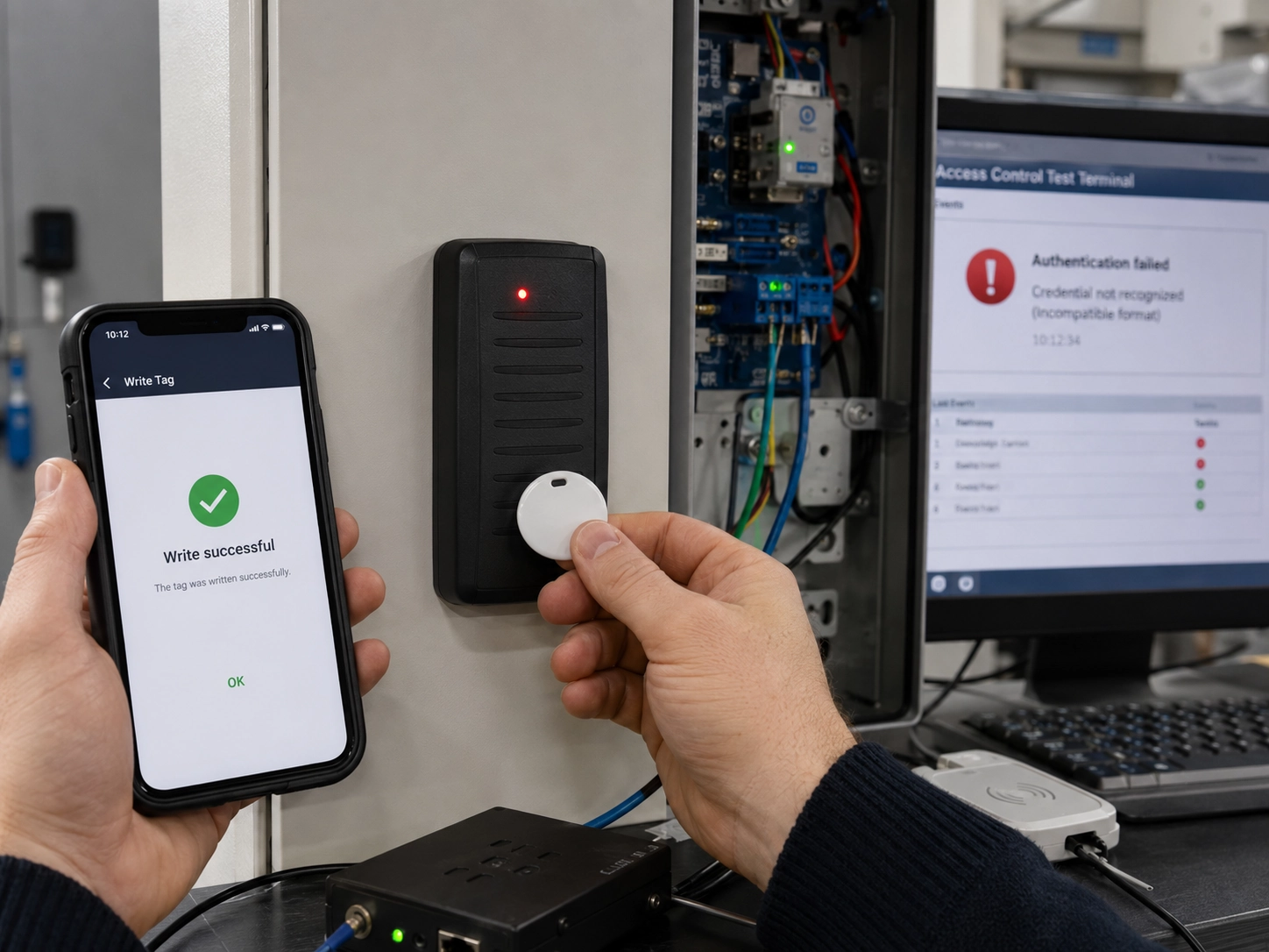 Hardware reader interaction test. A tag may report write success on mobile software while failing validation against physical access readers and terminal infrastructure. Hardware reader interaction test. A tag may report write success on mobile software while failing validation against physical access readers and terminal infrastructure.